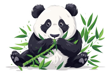 Flat vector illustration. Panda and bamboo on clean white background