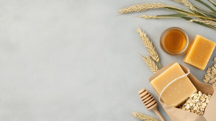 Handmade soap with oatmeal, shea butter, and honey arranged alongside craft paper, showcasing a natural beauty theme