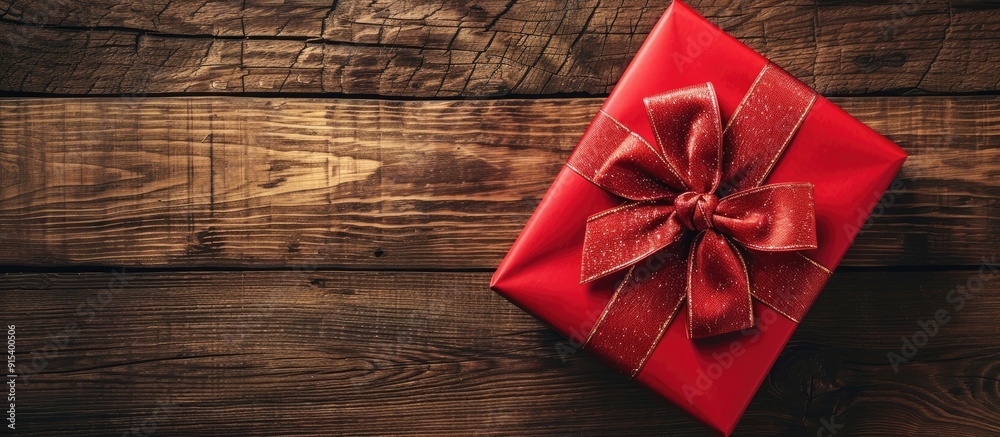 Poster present box with red ribbon on wooden table. with copy space image. Place for adding text or design