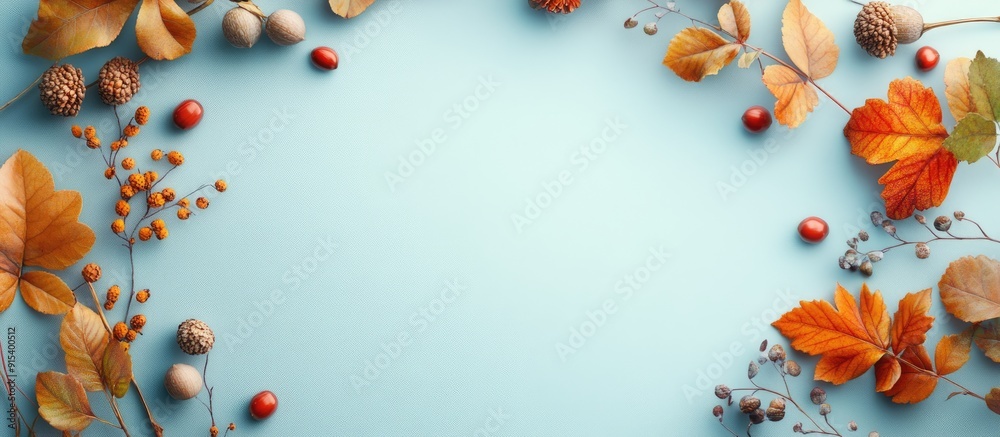 Poster Autumn arrangement on a light blue background with copy space Circular frame created from leaves rowan branches and acorns