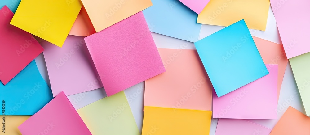 Poster Colorful sticky note sheets for messaging and notes against a white background. with copy space image. Place for adding text or design