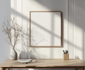 Frame mockup, ISO A paper size. Desk wall poster mockup. Interior mockup with house background. Modern interior design. 3D render 