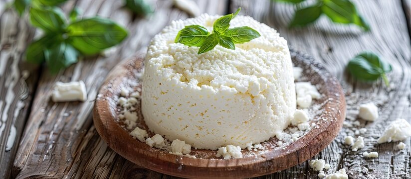 Ricotta romana a soft cheese made from cow or goat milk is a healthy meal option and snack placed on a table with a rustic food background and copy space top view
