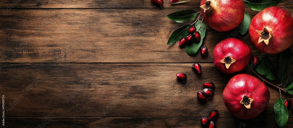 Poster Still life diet and nutrition theme Fresh and juicy pomegranate on a wooden table Flat lay Top view. with copy space image. Place for adding text or design