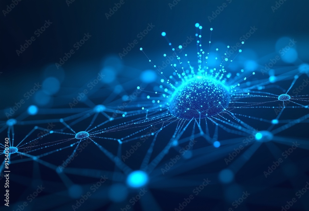 Poster cyberpunk aesthetic: blue neural network grid with data flow and connected particles