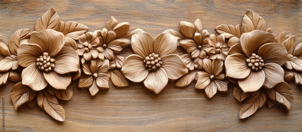 Aufkleber Flower pattern carved on a wooden background. with copy space image. Place for adding text or design