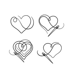 Heart and needle, sewing, greeting card, continuous line drawing, small tattoo, print for clothes and logo design, heart isolated abstract vector illustration.