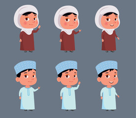 Arab children. A boy and a girl in traditional clothes in different poses