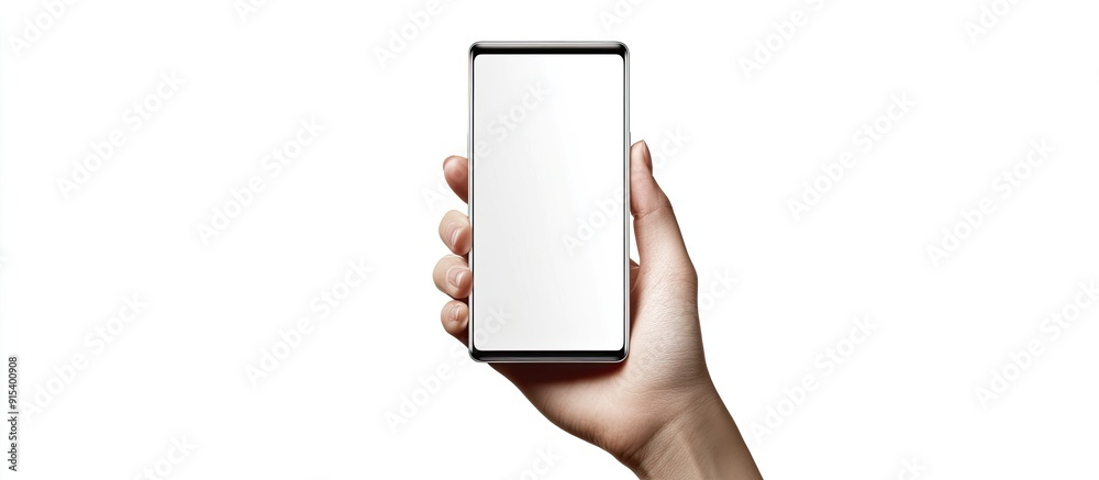 Aufkleber Hand holding a mobile smartphone with a blank display Isolated on white. with copy space image. Place for adding text or design