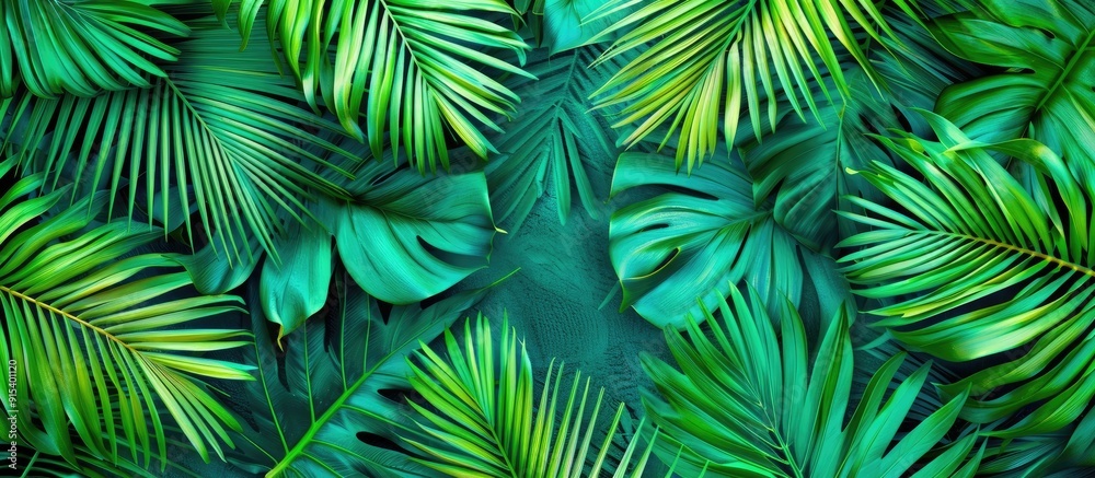Poster palm leaves on a colored backdrop. with copy space image. place for adding text or design