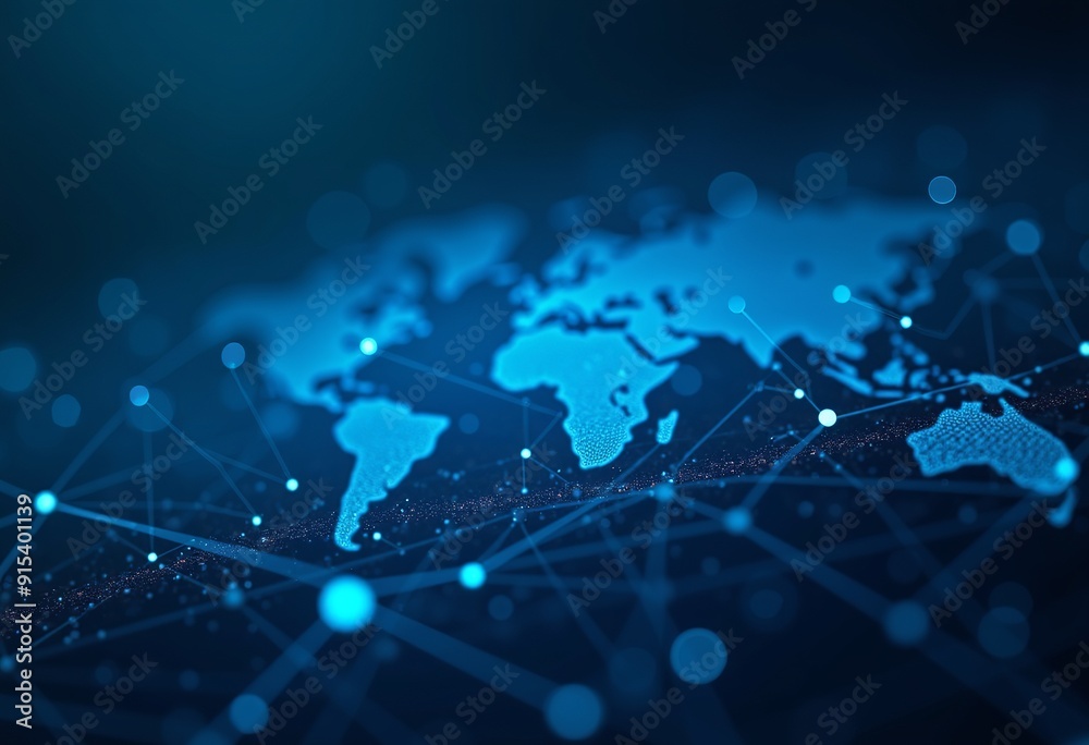 Poster abstract blue ai neural network background with connected particles and global data connections