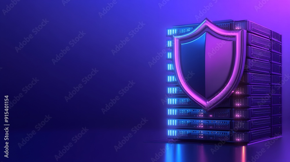 Poster futuristic server stacks protected by glowing shield symbolizing robust cybersecurity and data prote