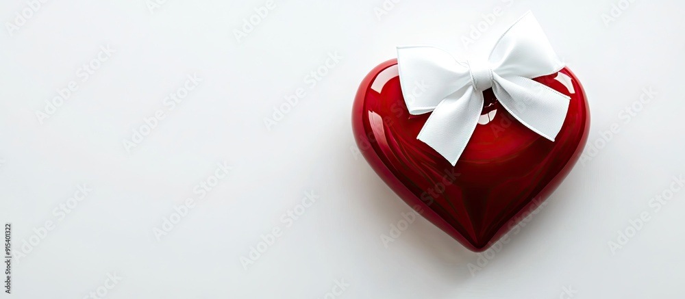 Leinwandbilder red heart adorned with a white satin bow and highlights made of ceramic set against a white backgrou