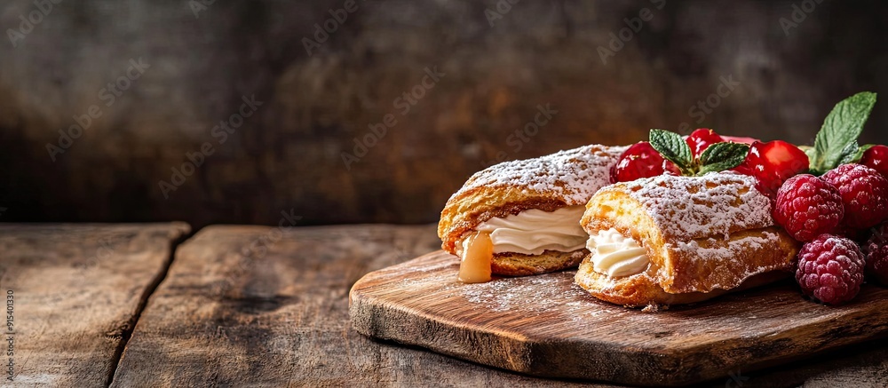 Poster Bomb filled with dulce de leche A traditional Brazilian eclair sliced in half with fruit placed on a rustic wooden board. with copy space image. Place for adding text or design