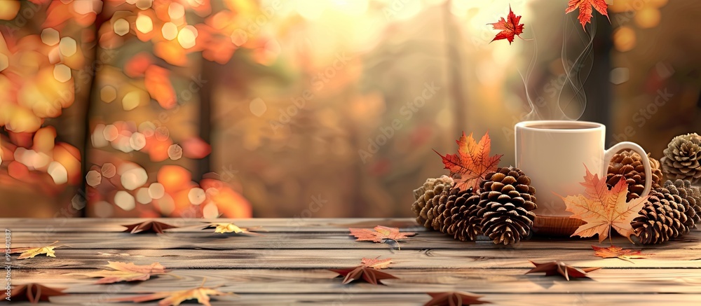 Poster Autumn backdrop with space for text and design featuring a cup of hot coffee alongside cones and maple leaves on a wooden table a cozy autumn beverage the idea of an autumn sale