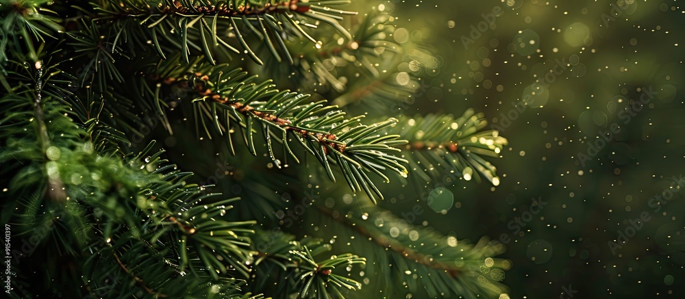 Aufkleber Raindrops on Scots pine needles with a selective focus and shallow depth of field. with copy space image. Place for adding text or design