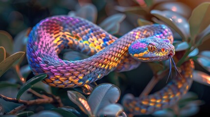 Obraz premium Colorful, multicolored snake with vibrant scales slithering on green leaves in its natural habitat, showcasing exquisite reptile beauty.