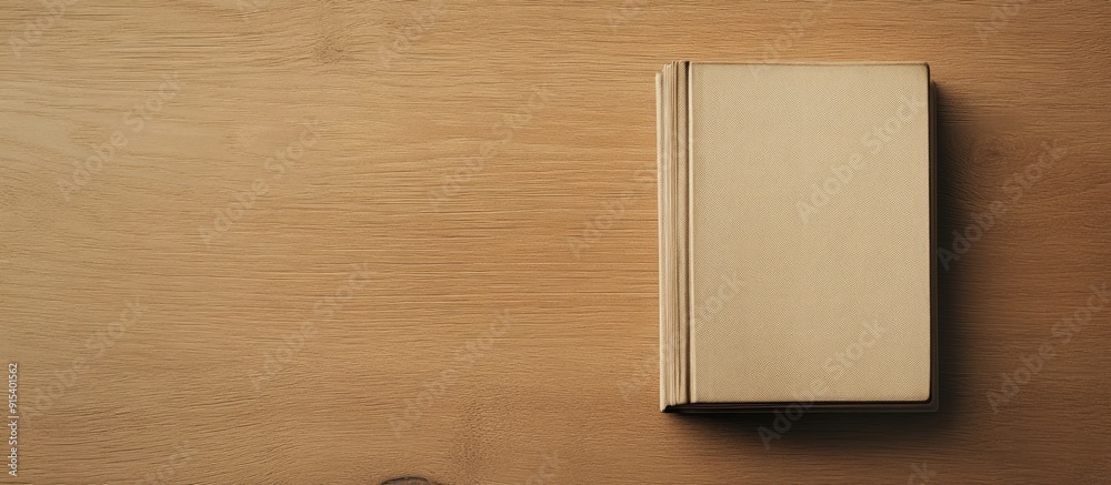 Poster top view of a book placed on a light brown wooden table. with copy space image. Place for adding text or design