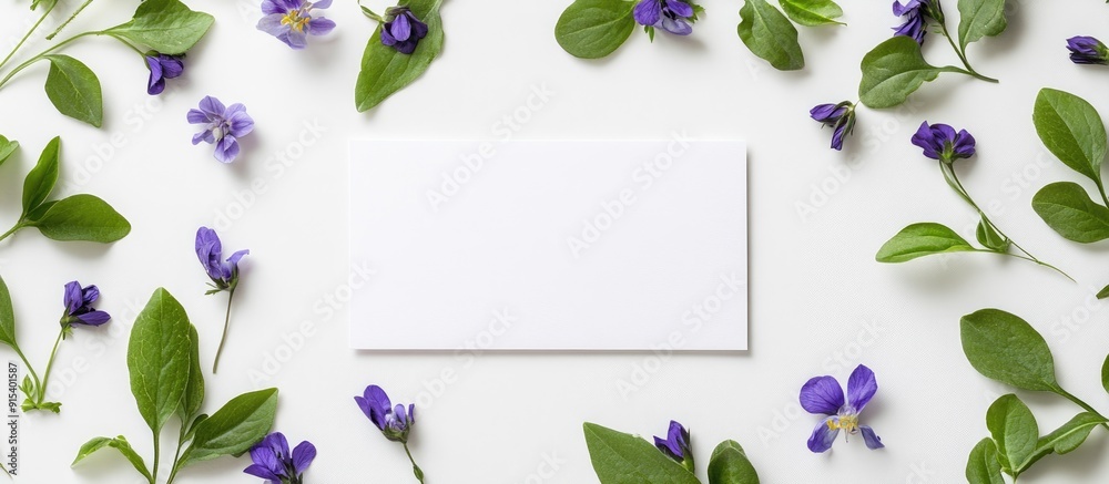 Poster creative arrangement featuring violet flowers leaves and a blank greeting card set against a white b