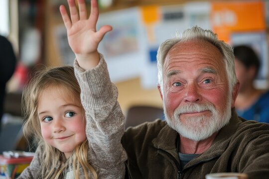 A happy elderly man and a young girl, both raising their hands enthusiastically, are captured in a dynamic learning setting, radiating excitement and joy in their interaction.