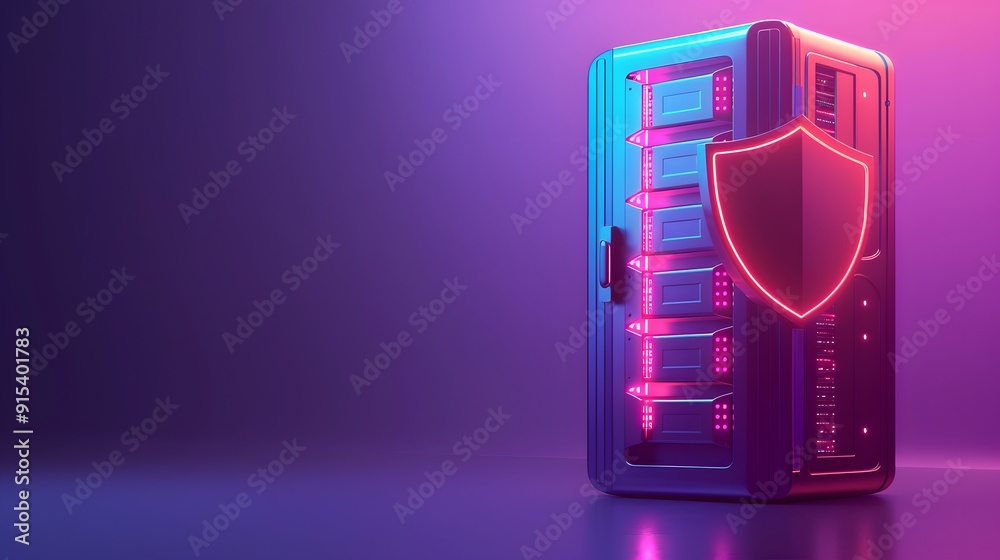 Poster futuristic server with neon lights and shield symbol representing cybersecurity and data protection.