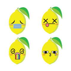 Vector set of cute Lemon fruit emojis. Isolated on white background. Kawaii cartoon smiling Lemons.