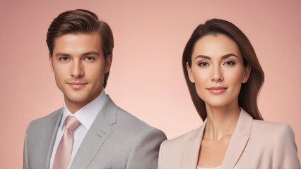 A businessman and a businesswoman standing together in a suit in the studio. A business team together.