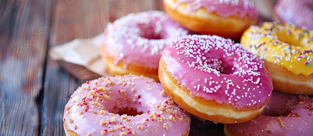 Poster Fried American donuts on a white background with various glazes. with copy space image. Place for adding text or design