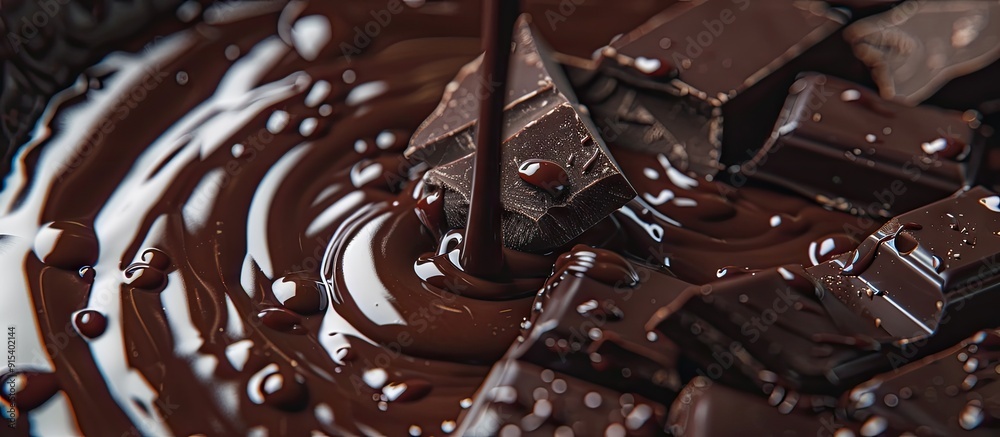 Aufkleber Macro photo of high quality dark chocolate being poured into a bowl with a shallow focus. with copy space image. Place for adding text or design