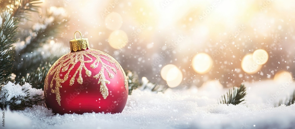 Leinwandbilder Christmas backdrop featuring a red and gold ornament fir tree in snow. with copy space image. Place for adding text or design