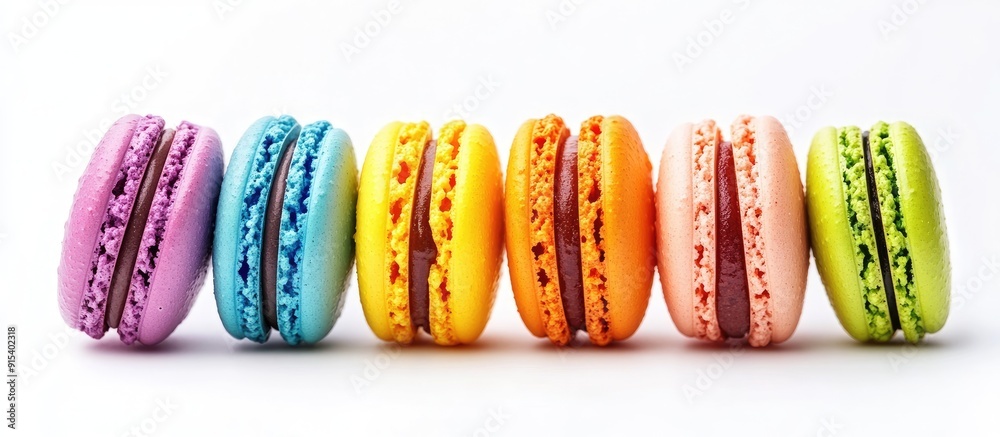 Aufkleber colorful french macaroons set against a white background. with copy space image. place for adding te