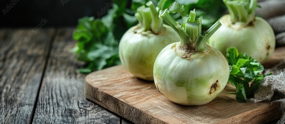 Aufkleber Image of kohlrabi heads on a wooden board with white space. with copy space image. Place for adding text or design