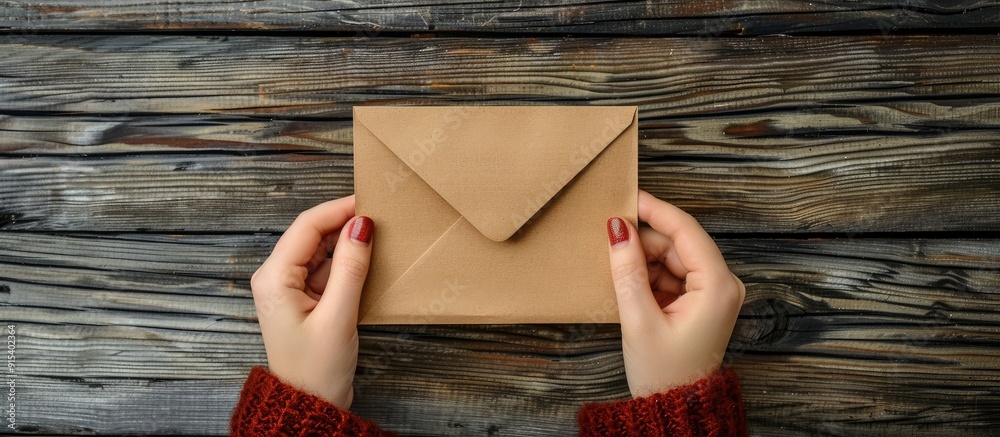 Poster A blank postcard and envelope held in female hands against a blurred wooden background. with copy space image. Place for adding text or design