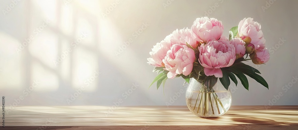 Poster a vase of pink peonies on a wooden table valentine s day gift. with copy space image. place for addi