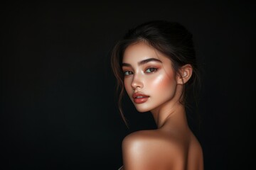 A beautiful brunette with flawless, fresh skin poses on a black background, looking over her shoulder. A beauty concept with copy space.