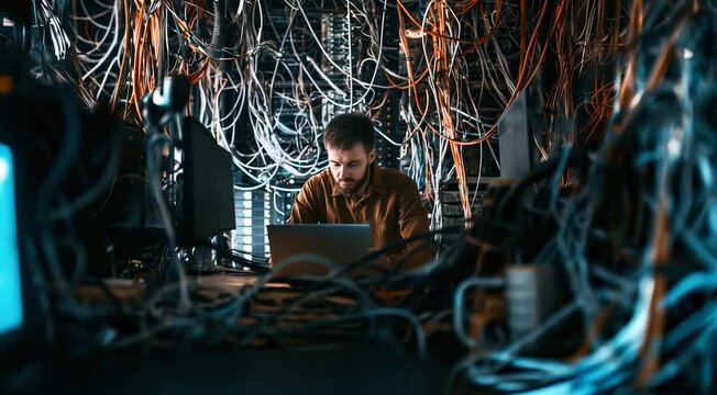 Focused technician using a laptop while troubleshooting in a server room surrounded by tangled cables.