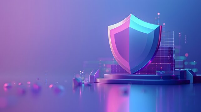 Futuristic shield protecting digital data with a secure server in a concept of cybersecurity and information protection.