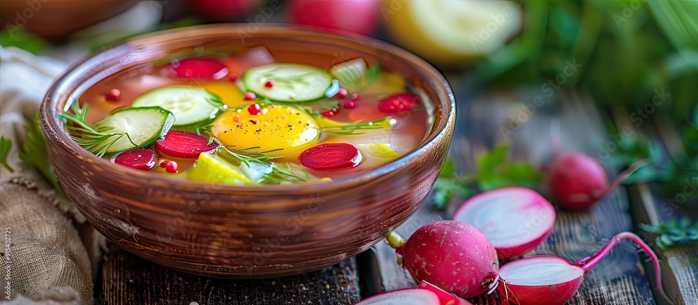 Leinwandbilder cold vegetable soup featuring beet cucumber radish and egg on a wooden table. with copy space image.