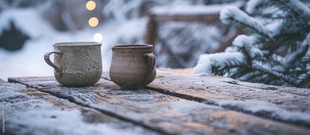 Aufkleber Two cups of coffee and a coffee pot sit on a snow covered table on a winter day with selective focus. with copy space image. Place for adding text or design