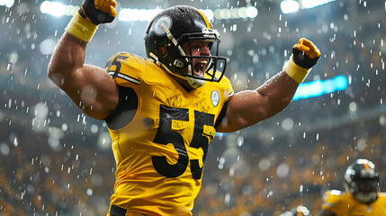 American football player celebrating a victory in a rain-soaked stadium. The player wearing a yellow jersey with the number 55 prominently displayed, a helmet, and football gear