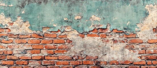 Fototapeta premium Empty Old Brick Wall Texture Distressed Painted Wall Surface Wide Grungy Brick Wall Grunge Red Stone Wall Background Shabby Building Facade with Cracked Plaster Abstract Web Banner Copy Space