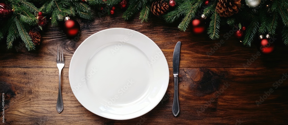 Poster top view of a christmas dinner set on a wooden surface plate utensils fir tree and holiday decoratio