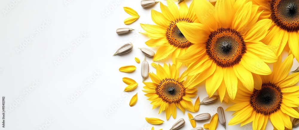Poster yellow sunflowers and sunflower seeds set against a white backdrop. with copy space image. place for