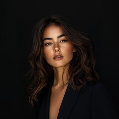 Fototapeta premium A beautiful woman with dark brown wavy hair, short haircut, with natural makeup, in a black blazer on a black background