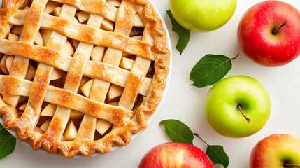 Top view of apple pie surrounded by apples on white background. Concept of autumn season cooking, family dinner or Thanksgiving celebration.