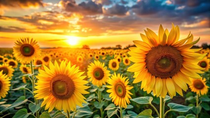Fototapeta premium Vibrant close-up of bright yellow sunflowers against the setting sun in a Ukraine agricultural region, sunflowers, close-up