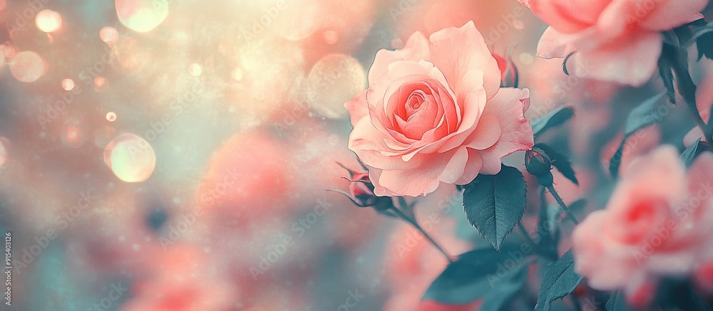 Poster close up of pink roses with a soft blur bokeh texture in vintage pastel colors for a background copy