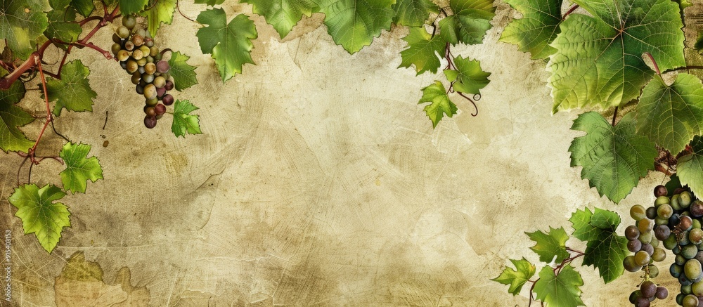 Aufkleber Wine list menu featuring green grapevine leaves on aged paper Vintage backdrop for your wine card with copy space for text Template for an empty menu for alcoholic beverages with a grape branch