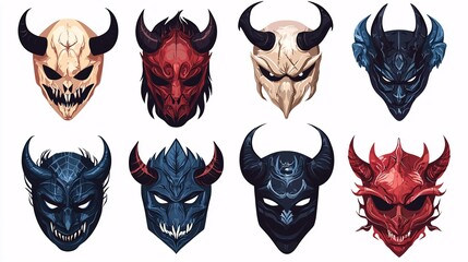 Collection of Trendy Devil Halloween Masks for Spooky Costumes on Transparent Background - Mystical Halloween Costume Accessories, Illustration of Sinister Masks