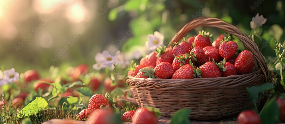 Poster strawberries in a basket in the yard. with copy space image. place for adding text or design